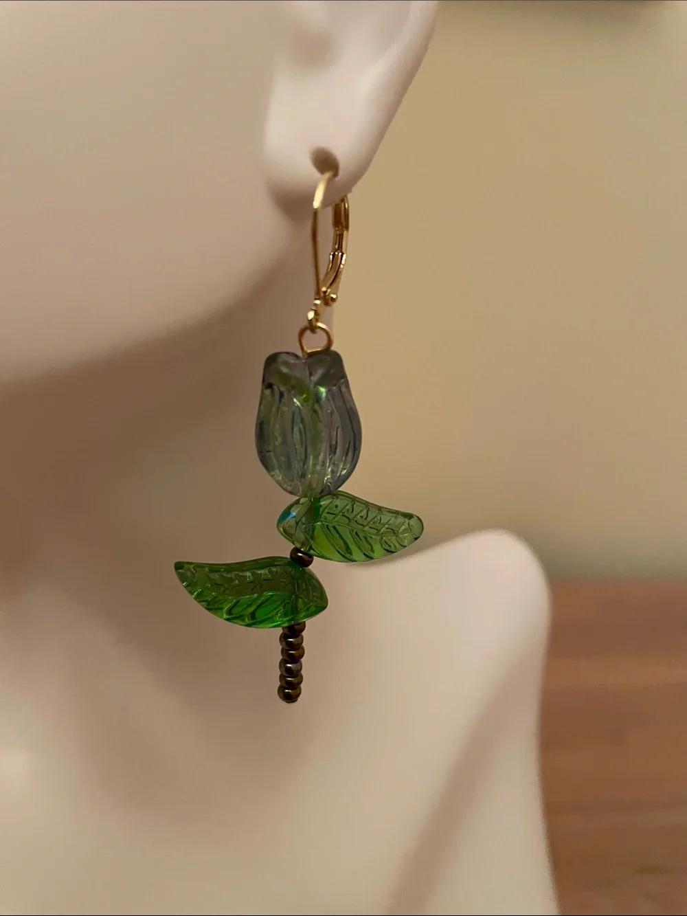HAND CRAFTED CZECH GLASS TULIP EARRINGS Purple Blue Green Gold Brown